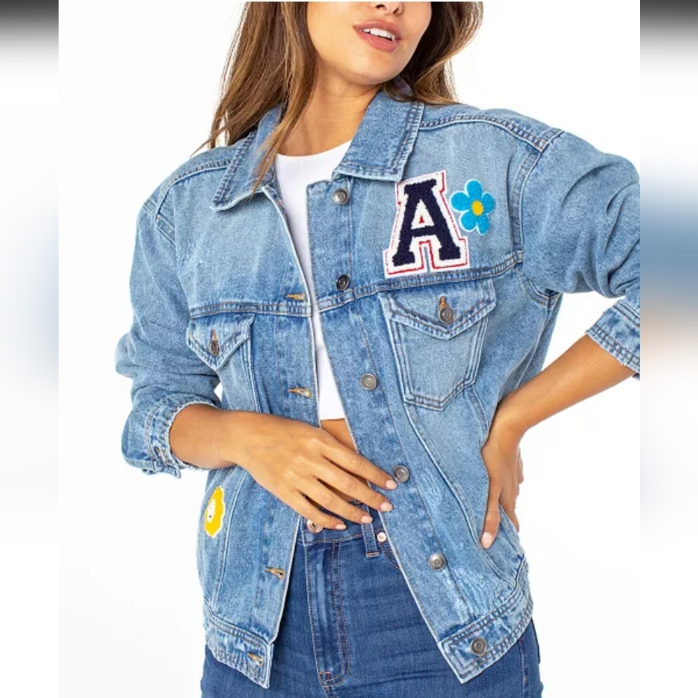 Celebrity Pink Distressed Jean Jacket With Patches Size Medium - Picture 1 of 8